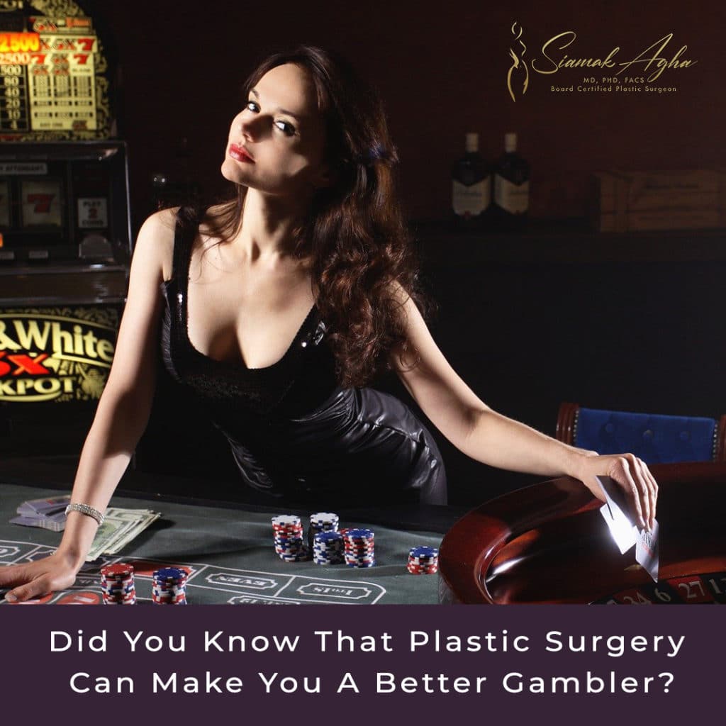 Did you know that plastic surgery can make you a better gambler? - Instagram Post: attractive woman leaning on poker table